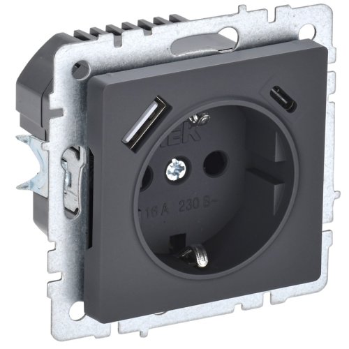 Розетка с заземлением +2xUSB тип A+C без рамки IEK Brite РЮш11-1-БрГ 1-м. графит картинка